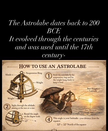 The History of Navigation – Part 2 Astrolabe • Octant • Sextant Long before GPS, sailors crossed oceans using science and the sky. 🔹 Astrolabe Originated around 200 BCE and later adapted for ocean travel in the 1400s–1500s. Sailors used it to measure the height of the sun or stars above the horizon to determine latitude. 🔹 Octant Invented in the 1730s, the octant used mirrors to measure angles, allowing sailors to see the sun and horizon at the same time — far more accurate on a moving ship. �