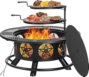 42 Inch Fire Pit with 2 Grills, Extra Large Wood Burning Fire Pits for Outside with Lid & Poker, Heavy Duty Firepit,BBQ& Outdoor Fire Pit & Round Metal Table 3 in 1 for Patio, Picnic, Party