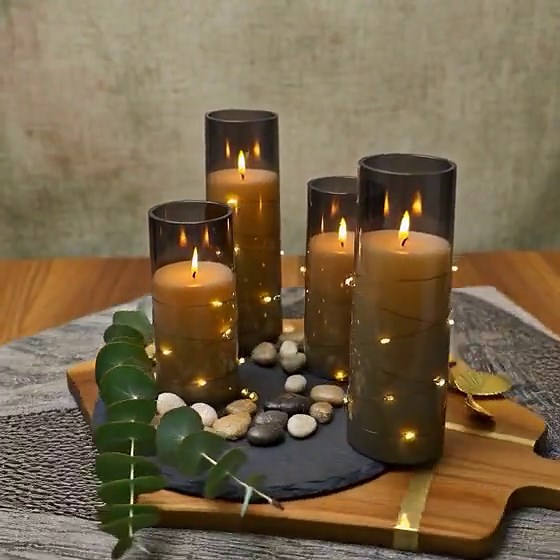 Gray Flameless LED Candles Set of 5, Flickering Battery Operated Pillar Candles with Timer, Fairy String Lights, Home Decor