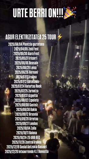 Zea Mays on Instagram: "AGUR ELEKTRIZITATEA TOUR 25 eta ONGI ETORRI 2026🎉🥂🎊 Urte zoragarria izan da!!!🥰 300 baino emakume gehiago eszenatokietan gurekin!!! Eskerrik asko bihotzez!!!❤️ 🎥 @eideriturriaga #energiabanaiz #live #zeamays #livemusic #kontzertuak ELEKTRIZITATEA 25 Tour⚡️ 2025/04/04 Plentzia gaztetxea 2025/04/05 Zeid Fest 2025/05/30 Aiara Fest 2025/05/31 Irisarri 2025/06/06 Beasain 2025/06/20 Leioa 2025/06/26 Hernani 2025/07/11 Iruñea 2025/07/12 Barakaldo 2025/07/24 Hatortxu Rock 20
