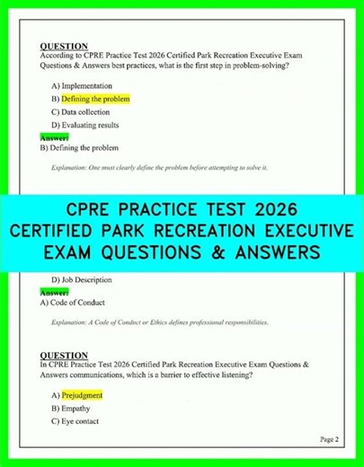 CPRE PRACTICE TEST 2026 CERTIFIED PARK RECREATION EXECUTIVE EXAM QUESTIONS & ANSWERS UPDATED 26