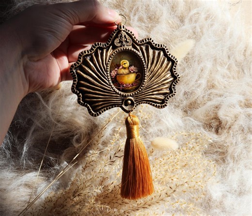 Duckling in Teacup Painting in Ornate Vintage Style Frame Celestial Mini Wall Art Whimsical Animal Illustration by Vanyas Darkessentialss - Etsy