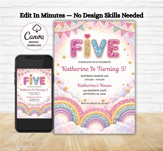 Editable 5th Birthday Invitation, Magical Rainbow Party Invite, Pastel Unicorn 5 Year Old Birthday Digital Download - Etsy