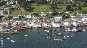 Aerial view of boats moored in Fowey harbour, on the River Fowey in Cornwall, UK