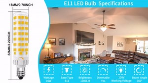 E11 LED Bulb Dimmable, JDE11 120V 100W Halogen Equivalent, T3/T4 Mini Candelabra Base, 3000K Warm White, ‎10W 1000 Lumen E11 Bulbs for Ceiling Fans, Chandeliers, Cabinet Lighting, 4 Pack