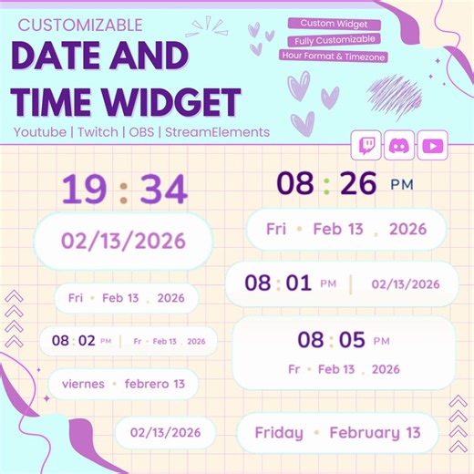 Date & Time Widget : Local / Timezone • (3) Styles • 22 Languages • Twitch Youtube KICK | OBS Streamelements - Etsy UK