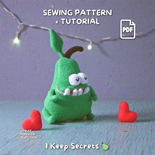 Pear Monster Plush Pattern PDF. Cute Fruit Toy with Secret Mouth Pocket. Easy Sewing Tutorial for Beginners