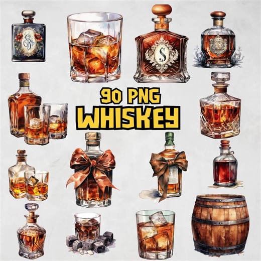 Whiskey Glass Bottle Clipart Bundle, Bourbon Clip Art, Cocktail Watercolor Images, Alcohol PNG, Whiskey and Ice, Commercial Use - Etsy
