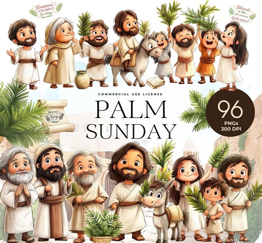 Palm Sunday Clipart, Jesus Enters Jerusalem, Bible Story, Christian Easter Story, Sunday School, Hosanna Palm Branches Donkey - Etsy