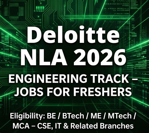Nithin kumar on Instagram: "Deloitte National Level Assessment (NLA) – Engineering Track 🚀 Job openings for Freshers (2026 graduates) Eligible degrees: BE / BTech / ME / MTech / MCA Branches: CSE, IT & related/circulated branches This is an official Deloitte hiring assessment. Clear the NLA → Direct Deloitte opportunity 💼 ⚠️ Registration may close anytime 👇 Comment “DELOITTE” for the registration link {Deloitte, Deloitte NLA, National Level Assessment, freshers jobs, 2026 graduates, engineeri