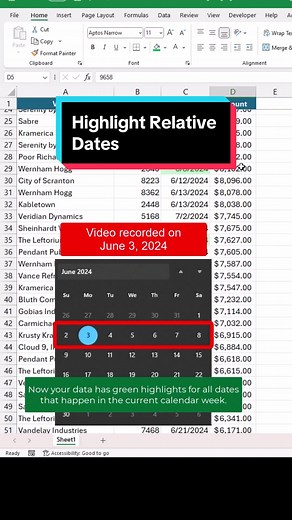 If you want to highlight cells that are in the current week, use Conditional Formatting to help out. Conditional Formatting is a general term that means cells are formatted based on certain conditions. Excel has a default setting to highlight cells based on a relative date reference. Use this if you want to highlight when invoices are coming due, like in this example. You can also create a custom formula using Conditional Formatting and the TODAY function. But the option in this video is much si
