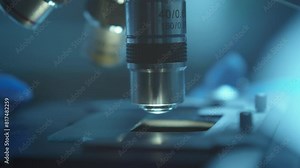 Hand of laboratory scientist placing glass slide with specimen on microscope stage for observation. Extreme close-up view