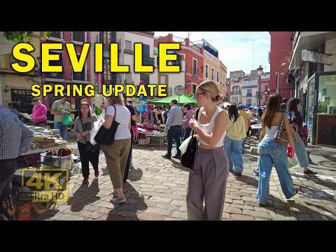 Thursday Flea Market to Beautiful Downtown | Spring in Seville | 4K Virtual Walking Tour Spain