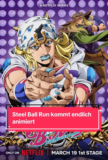 Ich habe auf die Trailer zu JoJo’s Bizarre Adventure: Steel Ball Run reagiert und das fühlt sich immer noch unreal an. Pferderennen, Stands, Western-Vibes und einer der meistgefeierten JoJo-Arcs überhaupt. Manga-Leser wissen, was hier los ist, Anime-Onlys sind nicht ready. Ab dem 19. März geht’s los auf Netflix. Wenn JoJo jetzt dieses Level erreicht, reden wir über absolutes Anime-Event. #whattowatch #netflix #jjba #steelballrun #fd