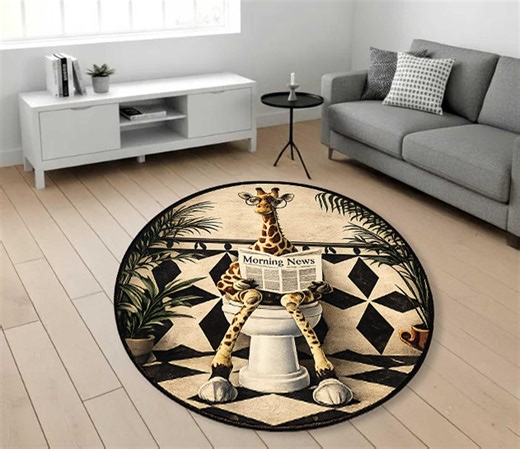 Funny Giraffe Pattern Toilet Rug, Animal Pattern Bathroom Rug, Round Safari Area Rug, Interesting Newspaper Pattern Giraffe Rug - Etsy