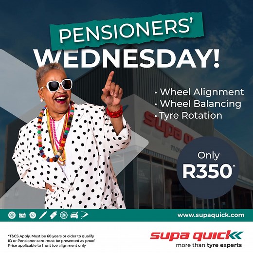 2K views | It’s Wednesday and you know what that means!  Pensioners get wheel alignment, tyre rotation & balancing for only R350 every Wednesday at Supa Quick. It’s our way of helping you stay road-ready, safely and affordably. ❤️  Find your nearest store: https://bit.ly/SQLocator #SupaQuick #PensionersSpecial #SafeTravels #WheelAlignment #TyreCare | Supa Quick | Facebook