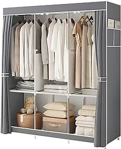 Portable Wardrobe Storage Closet, Clothes Organizer with Oxford Cloth Fabric, Storage Shelves + Hanging Sections + Side Pockets, Durable & Easy to Assemble, 50" L x 18" D x 63" H, Grey A