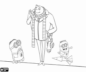 Gru with a weapon and two minions coloring page printable game