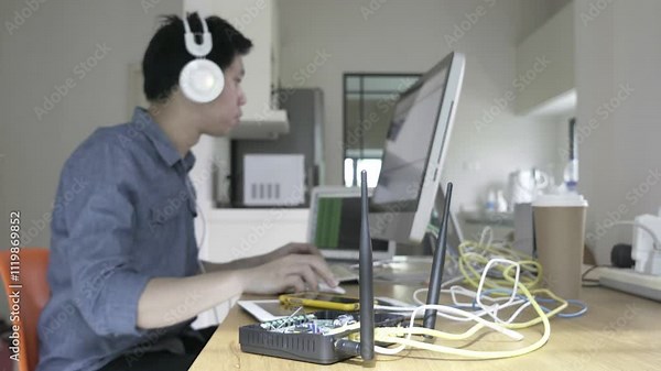 Ethical hacker is working on research The laptop has stickers on it. The man is typing on the laptop and he is focused on his work