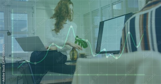 Camera revealing seated woman causing typing, bracing laptop while moving graph reviewing biz data