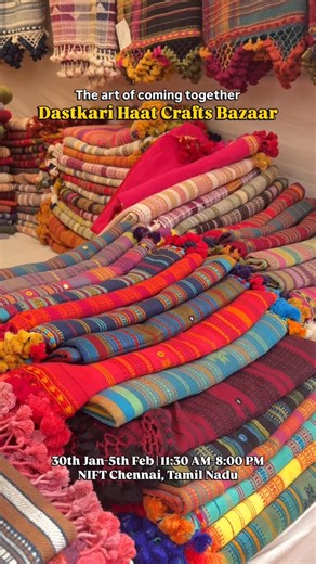 Dastkari Haat Samiti on Instagram: "Artists, makers, and visitors sharing stories, smiles, and moments, this is the heart of Dastkari Haat Crafts Bazaar. More than a marketplace, the bazaar becomes a space where traditions are exchanged, conversations flow freely, and craft finds its people. Every stall holds a story, and every interaction adds to it. Come walk through it with us. 📍Venue: NIFT, Chennai, Tamil Nadu 🗓Dates: 30th January – 5th February ⏰Time: 11:30 AM - 8:00 PM #dastkaribazaar #c