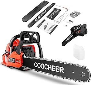 COOCHEER Chainsaw Gas 62CC, 3.5-HP 2-Stroke Power Gas powered Chain saw with 20 Inch Bar, Carrying Bag, and Tool Kit, Perfect for Trees, Wood Cutting and Trimming, Orange-red, Upgraded