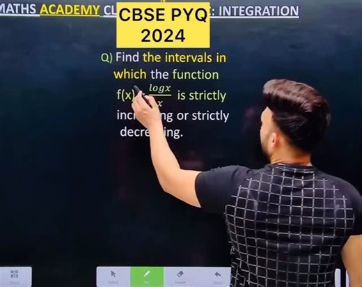 Shivang Gupta on Instagram: "CBSE PYQ 2025 Application of derivative class 12 CBSE PYQ 2025 ( 3 Marks ) Q) Find the intervals in which the function logx is strictly f(x) = X increasing or strictly decreasing. #cbse #maths #cbse2026 #class #cbse #maths #cbse2026 #maths #cbse #class12maths #cbsenotes #practicesets #applicationofderivativesclass12 b)llll #maths #cbse2026 #derivati #cbse2026 #maths #derivativesclass12 #cbse increasing#maths #cbse#maths #cbse #applicationofderivativesclass12 .CBSE PY