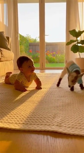 This baby goat is making the baby laugh so much! 😂🐐👶