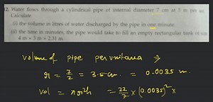 12. Water flows through a cylindrical pipe of internal diameter... | Filo