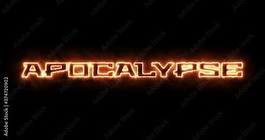 Apocalypse concept written word text heading with firestorm, fire and flames burning characters over black background. 4096x2160 4k DIC prores. Loop able seamless cycle video animation.