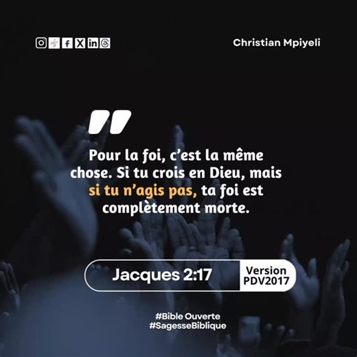 Christian Mpiyeli on Instagram: "« Pour la foi, c'est la même chose. Si tu crois en Dieu, mais si tu n'agis pas, ta foi est complètement morte. » (Jacques 2:17 PDV2017) Sois honnête une seconde 👀. Combien de choses Dieu t’a déjà révélées...mais que tu n’as jamais mises en pratique ? On prie. On reçoit. On est touché. Mais on reste immobile. Et si le blocage n’était pas spirituel, mais comportemental ? La foi qui ne passe pas à l’action devient une révélation bloquée. Dieu ne cherche pas des cro