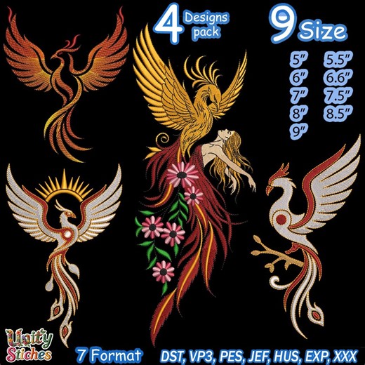 4,phoenix Machine Embroidery Design| Mythical Fire Bird Pattern for Jackets| 9 Sizes & 7 Formats, Instant Digital Download, Large Designs - Etsy