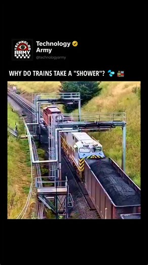 TechnologyARMY on Instagram: "What you're watching isn’t a wash — it’s dust suppression, a clever engineering method that saves companies millions every year. 🚂💨 Here’s the science behind it: Aerodynamic Loss Open-top coal wagons shed material as the train speeds up. Wind resistance blows fine coal particles away, causing up to 3% load loss per trip if left untreated. Chemical Shield The sprayed liquid isn’t just water — it contains binding polymers. These polymers create a thin, hardened crus