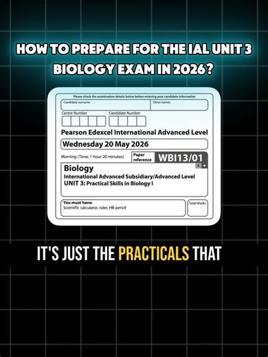 🔴 How to prepare for the IAL Biology Unit 3 Practical Exam in 2026? Avoid these mistakes This video explains EXACTLY how to revise for IAL Biology Unit 3 (WBI13) — the Practical Skills paper 🧪📊 Many students think Unit 3 is “new content”… it’s NOT. It’s built on practicals from Unit 1 & Unit 2 — but tested in an exam-style way. In this lesson you’ll learn: 🔬 Which core practicals matter most 📈 How graphs and calculations are always tested 🧠 Why you should NOT revise all Unit 1 theory again