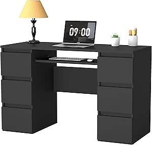 Computer Desk with 6 Drawers, 47'' Home Office Desk with Storage & Keyboard Shelf, Black Gaming Desks, Wood Vanity Desks for Bedroom, Modern Corner Writing Table for Work, Study (Black)
