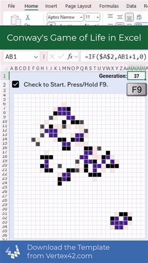 1.4K views · 11 reactions | Watch how to make and animate Conway's Game of Life in Excel without VBA. Just for Fun! ▶️ Watch full video on Youtube - https://www.youtube.com/watch?v=XaARR0ZfQgA ➡️ Download the Template - https://www.vertex42.com/ExcelTemplates/game-of-life.html | Vertex42.com | Facebook