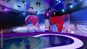3D virtual news studio with giant screens in the background with bright lights and ground shine with reflections.