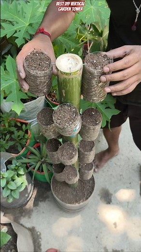 ♻️ Amazing DIY Vertical Garden Tower with Bamboo & Plastic Bottles! 🌱 #shorts #diy #verticalgarden