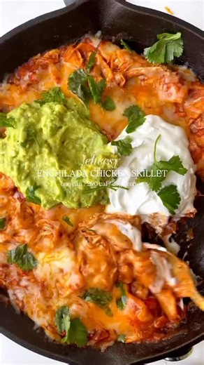 Sara Stewart, MS, CNS on Instagram: "CHEESY CHICKEN ENCHILADA SKILLET comfort comes in a lot of forms: big sweaters, cozy slippers, weighted blankets, and deep dives into cheesy skillet enchiladas ✨🫶🏻 this meal is everything you love about classic enchiladas except made easier: all you need is one pan, 20 minutes, and maybe a marg to sip on while you’re waiting. enjoy! ONE PAN CHEESY CHICKEN ENCHILADA SKILLET (serves 4) calories 290 / protein 25g / fat 11g/ carb 25g 2 cups shredded rotisserie 