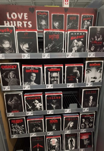 horror valentine section @Walmart ✧₊⁺♥️⋆.˚୨ৎ🔪 #horror #horrortok #halloween #walmart #valentinesday #scream #ghostface #chucky #nosferatu #dvd #physicalmedia #corpsebride #it #theshining