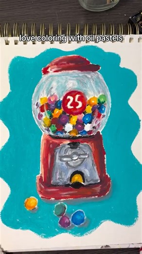 Creating the Chaos on Instagram: "Drawing a gumball machine with oil pastels and some color theory but it is sooo fun just doing the silly little gumball circles, very calming hehe . . . #oilpastel #colortheory #gumball #creatingthechaos #drawing #colortherapy #coloring #foodart #oilpasteldrawing"