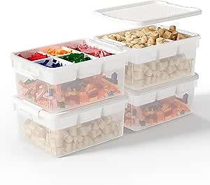 Jalove 17QT Plastic Storage Box with Baseplate Lid, 4PCS Stackable Craft Organizer and Storage Bin with Removable Tray, Clear Bricks Storage Container for Building Blocks, Beads, Toys
