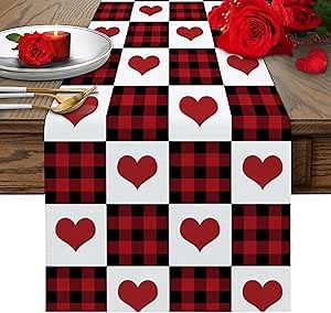 Valentine's Day Love Heart Table Runner, Kitchen Decor Valentine's Day Burlap Table Runners 90 Inches Long, Red Buffalo Plaid Table Runner for Farmhouse Decor Dinner Party, Holiday Table Decor 13x90in