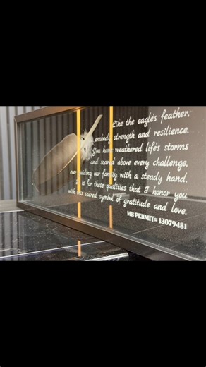 This one was special. A customer brought in an eagle feather and shared that her father was being honored by their tribe. She didn’t know exactly what she wanted, only that she trusted us to create something meaningful. We held onto this feather for two months. Sketching ideas, stepping away, coming back again… knowing this piece had to be right. As the deadline approached, one word kept coming up: timeless. We chose a classic glass shadow box, sandcarved with a meaningful passage, with the feat