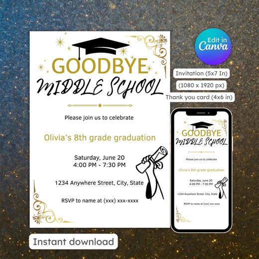 Goodbye Middle School Invitation, Graduation Party, Grad Announcement, 8th Grade Graduation, Editable, Printable, Instant Download - Etsy Canada