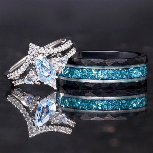 Aquamarine Couple Ring Set, His and Her Wedding Ring Set, Matching Engagement Ring Set, Unique Blue Promise Ring Couples, Personalized Gift - Etsy