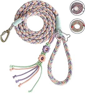 KUDOS Braided Cotton Dog Leash – Locking Buckle & Comfy Grip, Handwoven Rope in Pink Green Purple, 5.2ft Leash with Floral Detail for Small to Large Dogs, Spring Style