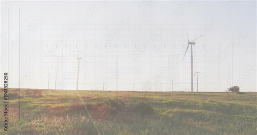 Wind turbines spinning on plain, wind turning blades, sun flaring, faint grid staying, making power