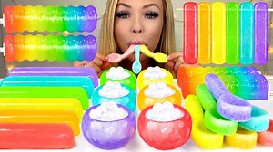 ASMR RAINBOW FOODS* FINGER JELLO, EDIBLE SPOON, JELLY POPSICLE, LYCHEE, BOBA MUKBANG YouTube channel: https://www.youtube.com/watch?v=K_Q5-UocHdE What is ASMR and why am I whispering? ASMR (autonomous sensory meridian response) is a relaxing, often sedative sensation that begins on the scalp and moves down the body. Also known as "brain tingles," or "brain massage" and is triggered by placid sights and sounds such as whispers, accents, crackles, eating sounds, etc to help people sleep or feel re