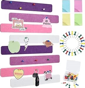 Vuzvuv 8 pcs Bulletin Board Bar Strips with 50 Pushpins & 10 Wooden Clip pins，Self Adhesive Cork Board for Wall，Felt Pin Board for School，Office Decor(Purple Rose)